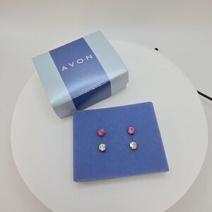 New 2 Pair AVON Stud Earrings Pink & Clear Crystals Gold Plate In Box Old Stock